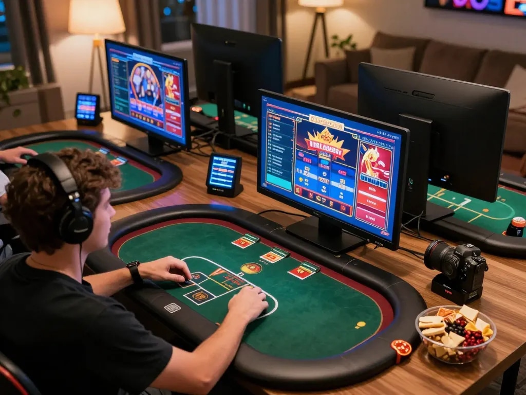 Player strategizing with online keonhacai games on multiple screens in a cozy home environment.