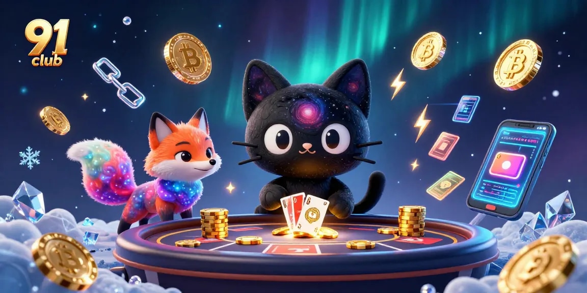 Engage with the 91 club universe through a vibrant cosmic casino scene featuring a black hole cat and nebula fox.