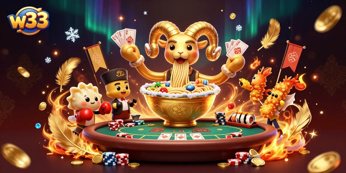 Play exciting games at w33 Casino with a lively scene of cartoon characters and poker action.