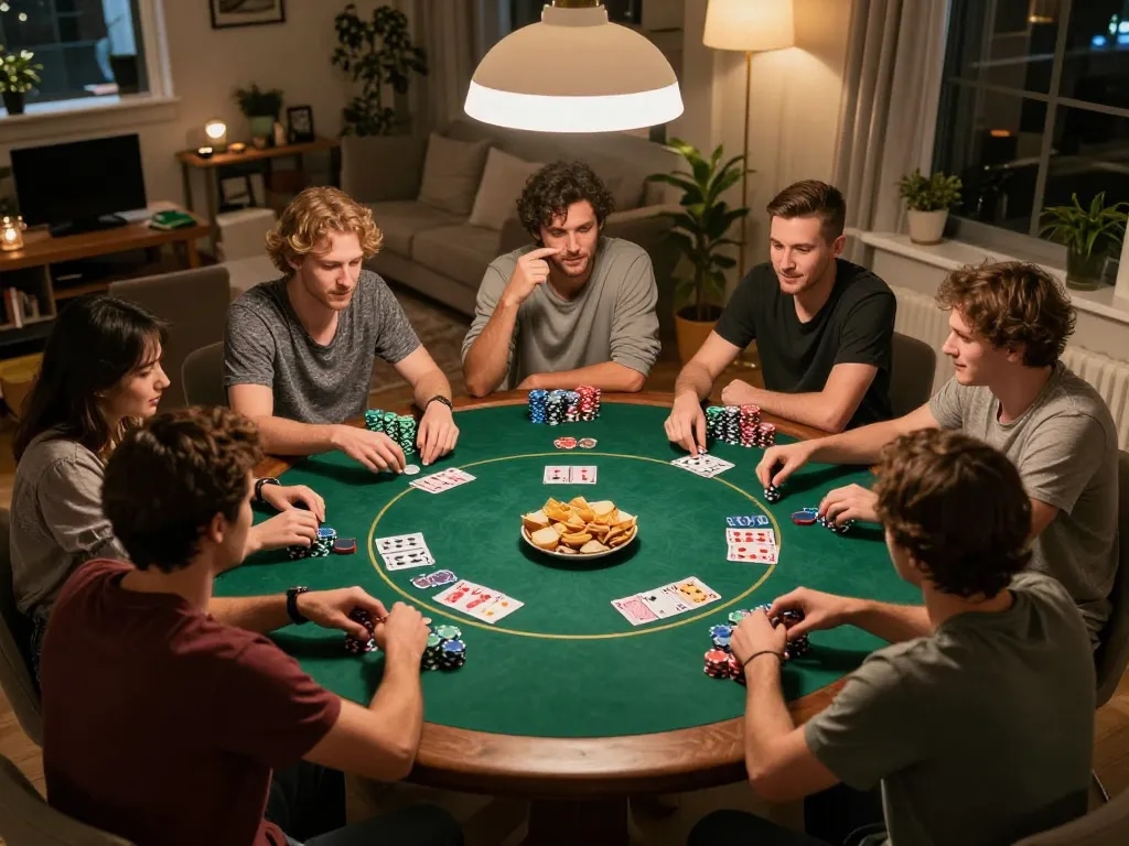 Friends enjoying a poker game night at home, vin88lk encourages social gambling responsibly