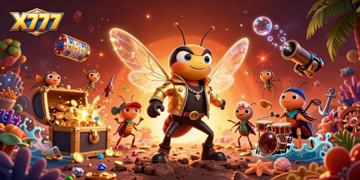 X777 brings excitement with a cicada rock star, vibrant treasure, and slot reels in a dynamic casino scene.