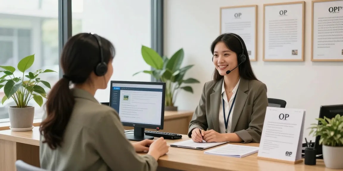 Engaging OP service consultation featuring 오피코리아, showcasing friendly staff helping clients.