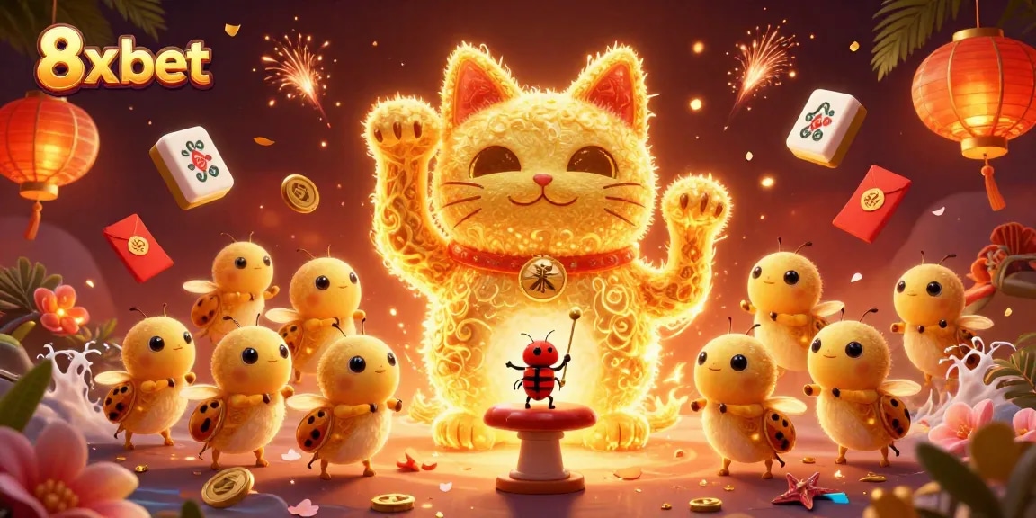 Experience the excitement of 8x bet with a vibrant illustration featuring a giant lucky cat amidst casino symbols.