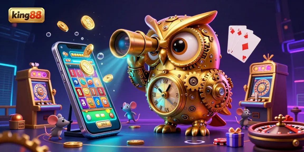 Experience the excitement of king88 with vibrant 3D casino elements in this illustrated scene featuring slot machines and playful characters.