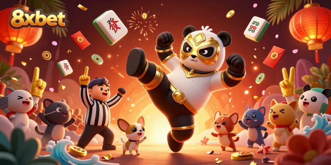 Experience the excitement of 8xbet with a dynamic 3D illustration featuring a wrestler panda and festive game elements.