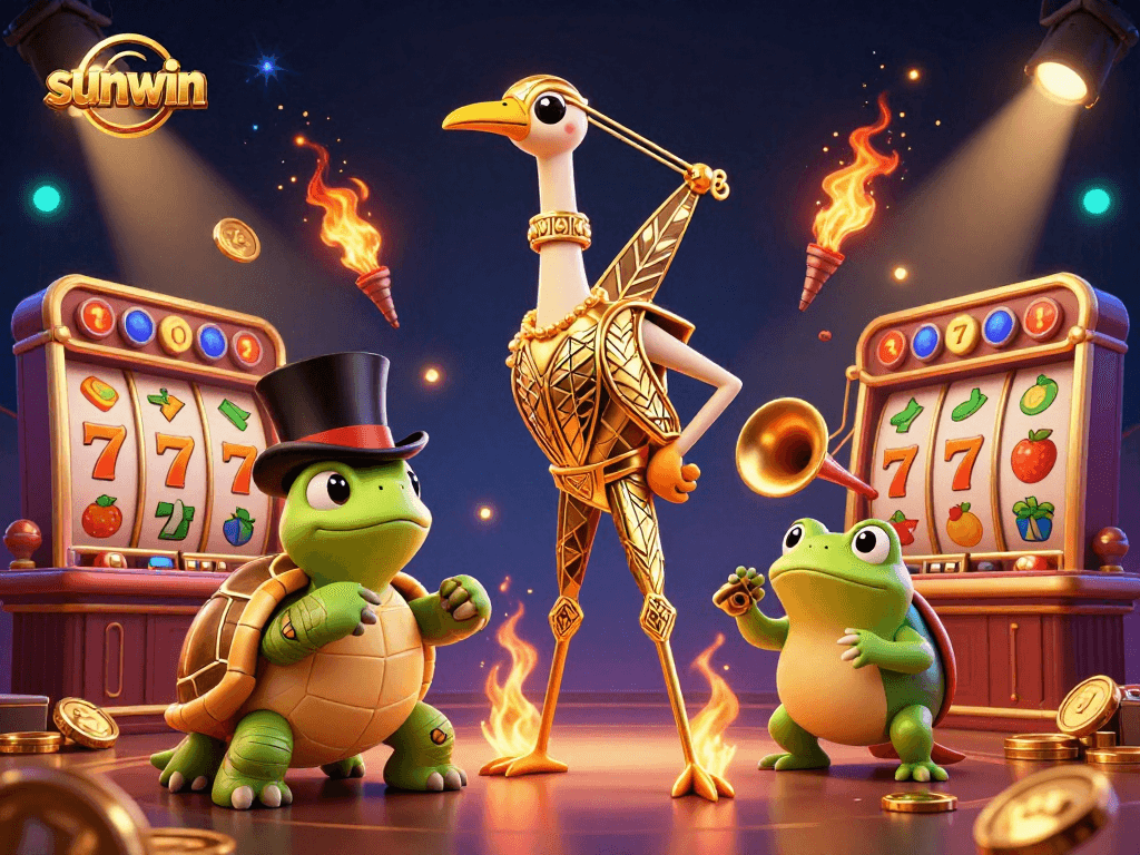Experience the vibrant world of sunwin with a lively casino scene featuring unique characters and slot elements.