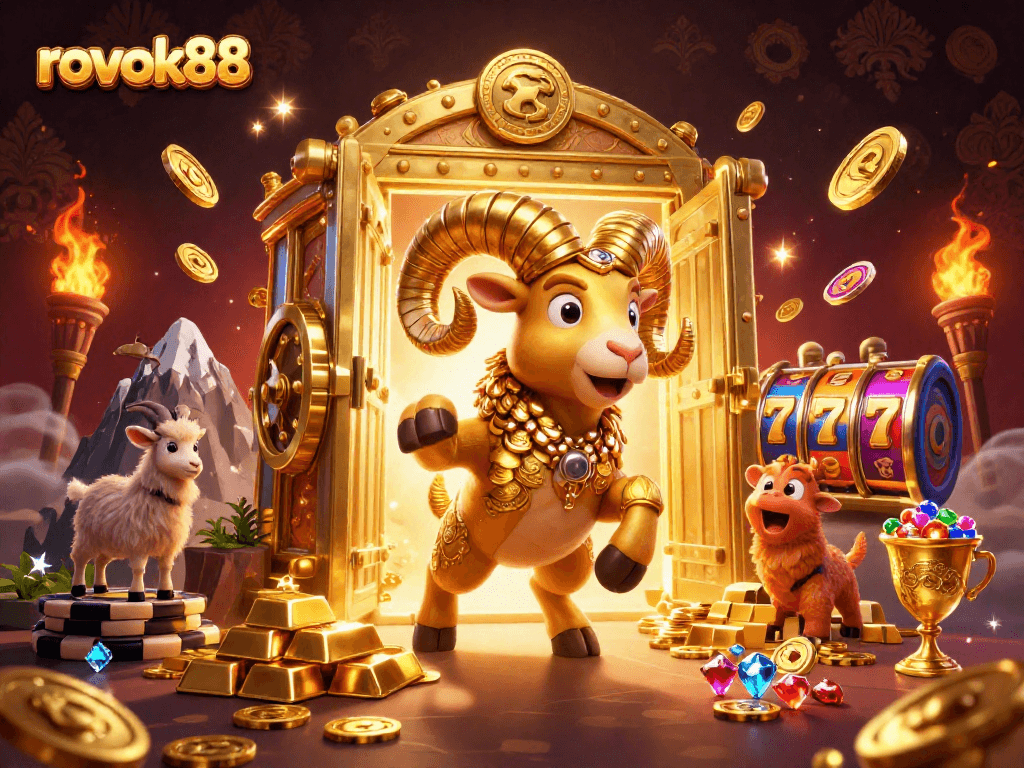 Engage with rokok88's vibrant gaming scene featuring dynamic slot reels and a golden ram.