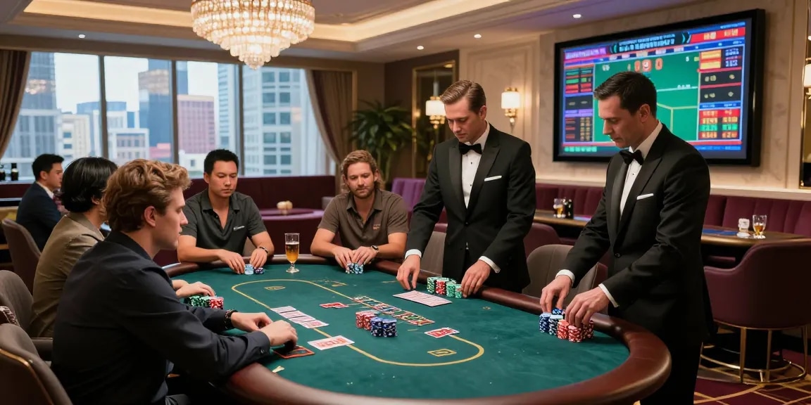 Players enjoying high-stakes poker at iwin's luxurious gaming lounge.