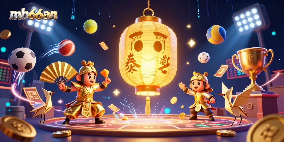 mb66an showcases an energetic casino scene with a golden lantern spirit and dynamic sports elements.