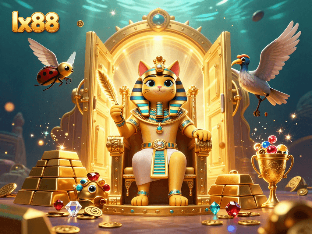 Win big at lx88 with vibrant gaming treasures and Egyptian characters in an enchanting scene.