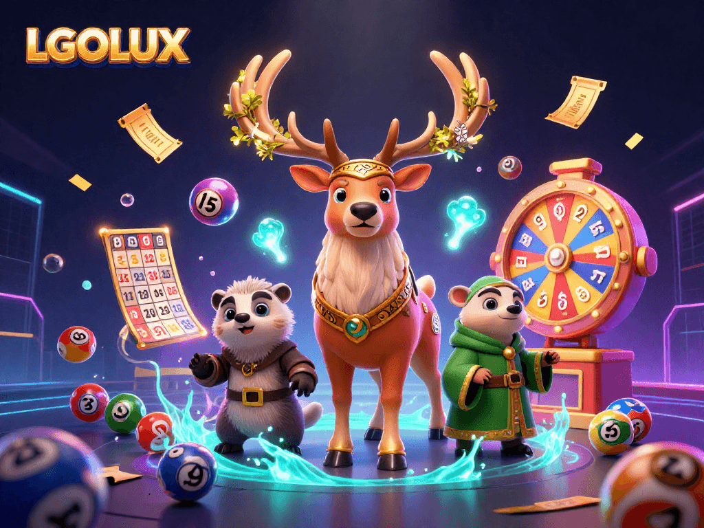 Engage with LGOLUX's vibrant gaming scene featuring animated elements celebrating scatter wins.