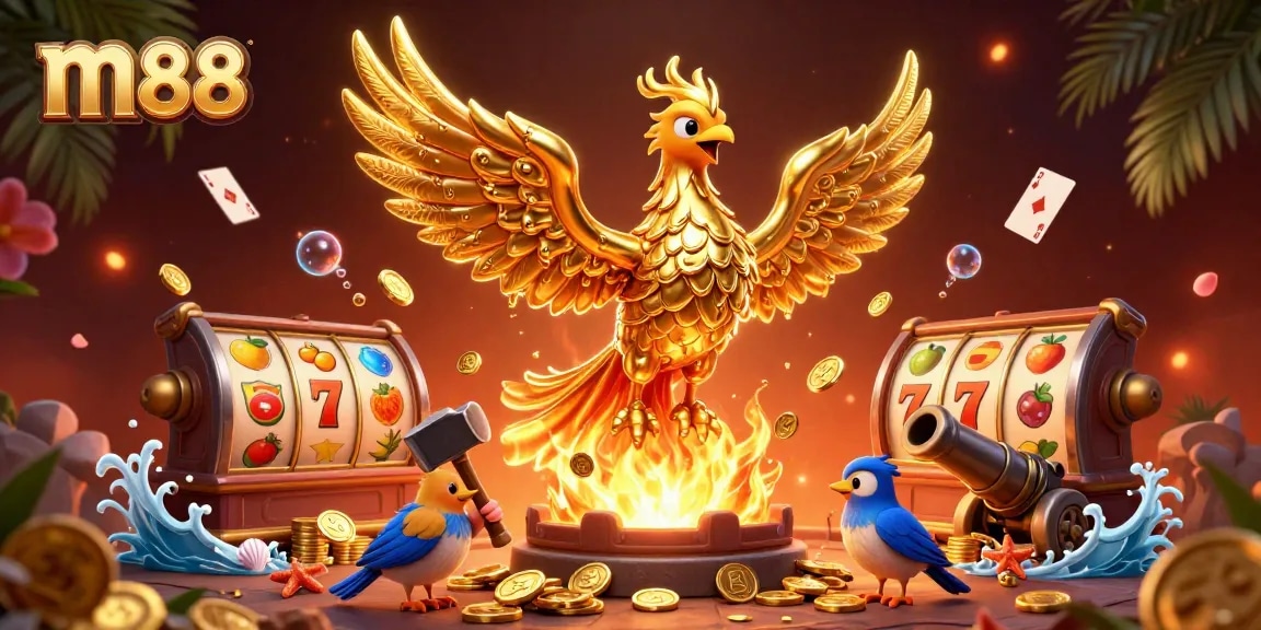 Experience casino excitement with m88 as molten gold transforms into coins amidst dynamic gaming elements.