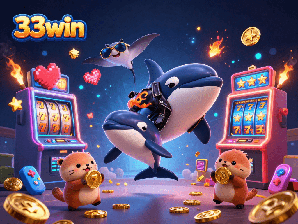 Engage with 33win's exciting casino world featuring a vibrant scene of characters enjoying golden moments with slot machines.