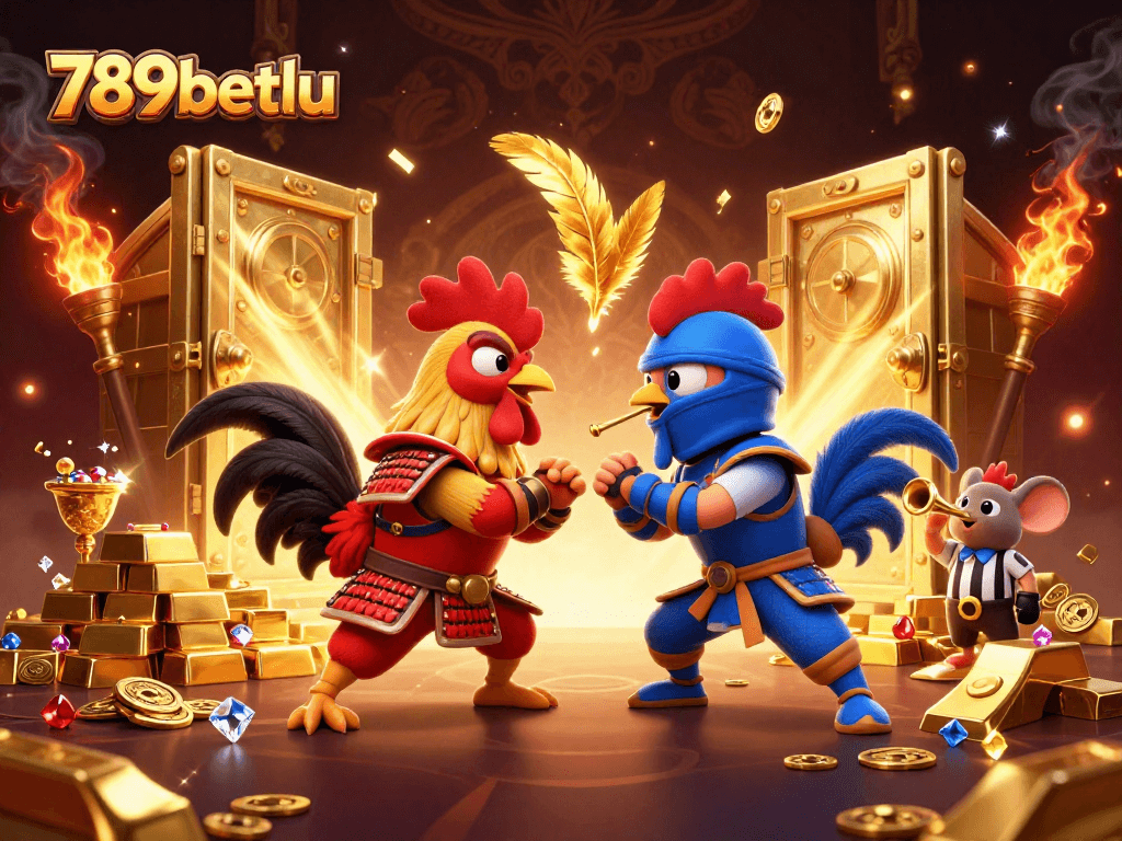 Join the action at 789betlu with a thrilling showdown of cartoon fighting roosters in a vibrant casino scene.