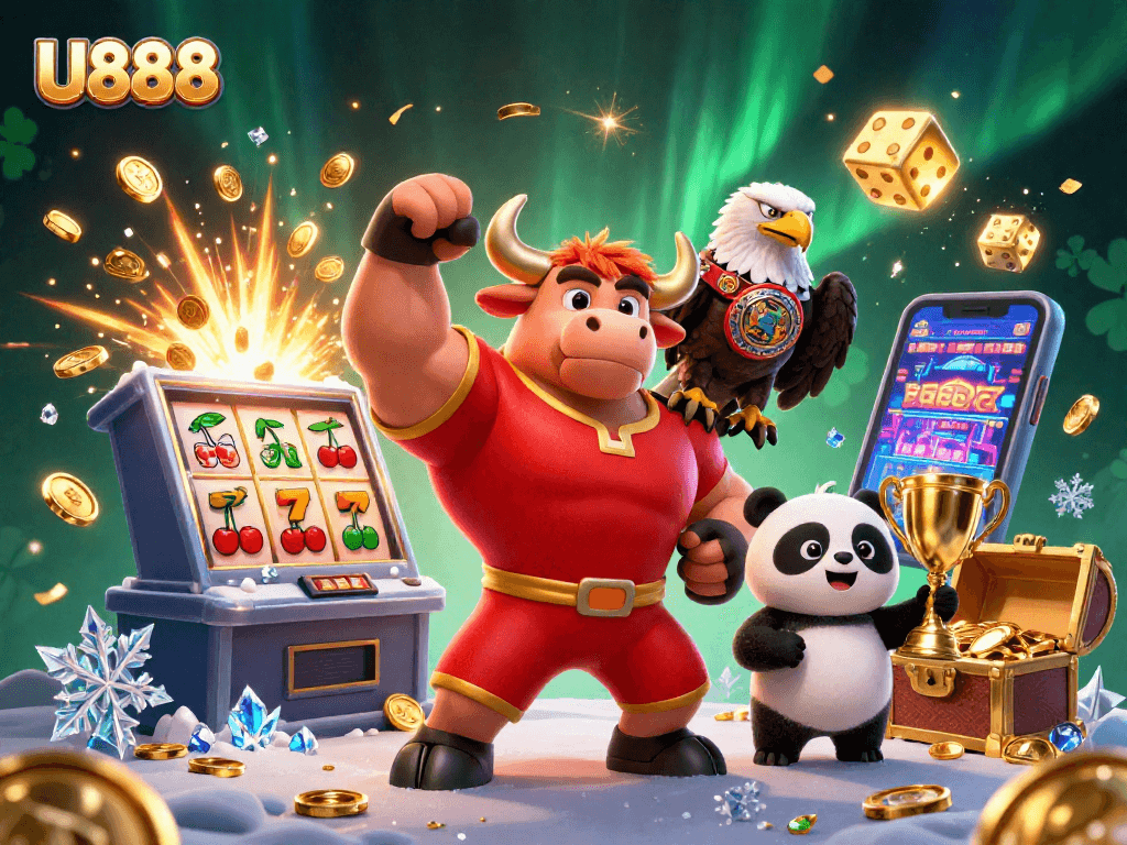 Celebrate wins at U888 with bold characters and vibrant casino action!