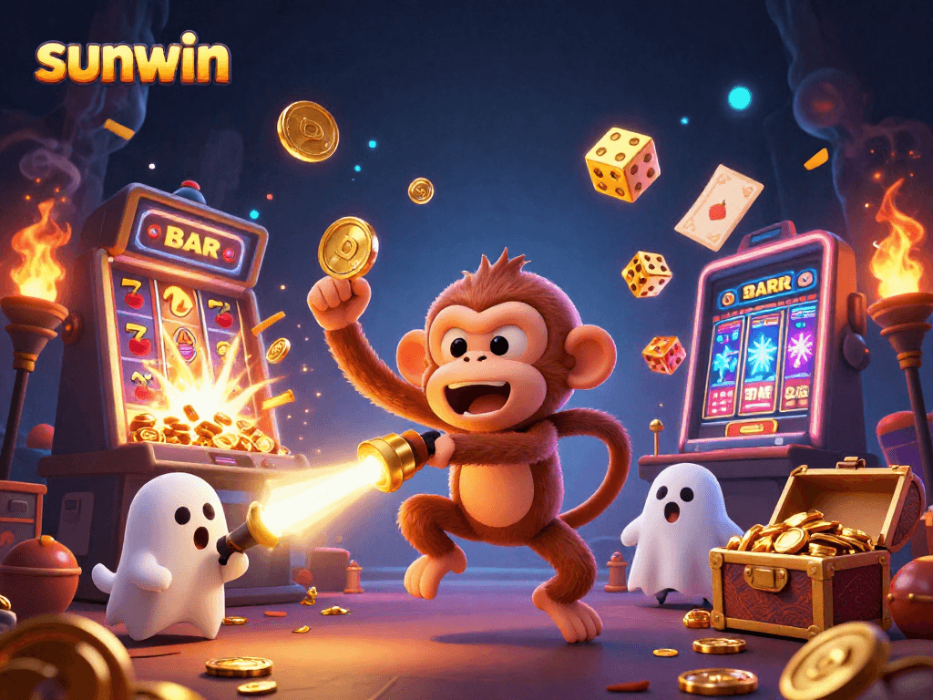 Experience the thrilling gaming atmosphere at sunwin with a playful ghost monkey juggling golden treasures in a vibrant casino scene.