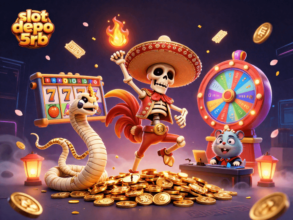 Experience thrilling gameplay with slot depo 5rb as the lively characters celebrate on a pile of golden coins.