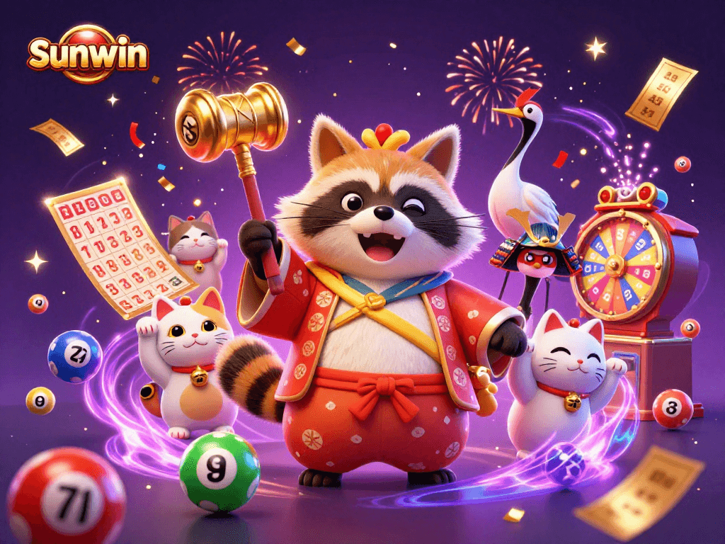 Join the excitement at sunwin with a tanuki, crane, and fortune cats celebrating with games.