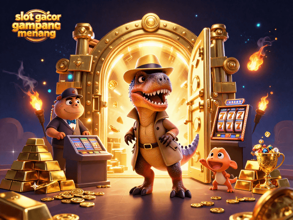 Experience slot gacor gampang menang with a cartoon velociraptor at the casino in a vibrant, dynamic scene.