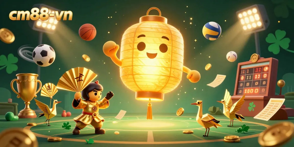 Engage with cm88-vn's vibrant gaming experience featuring golden lantern spirits and dynamic sports elements.