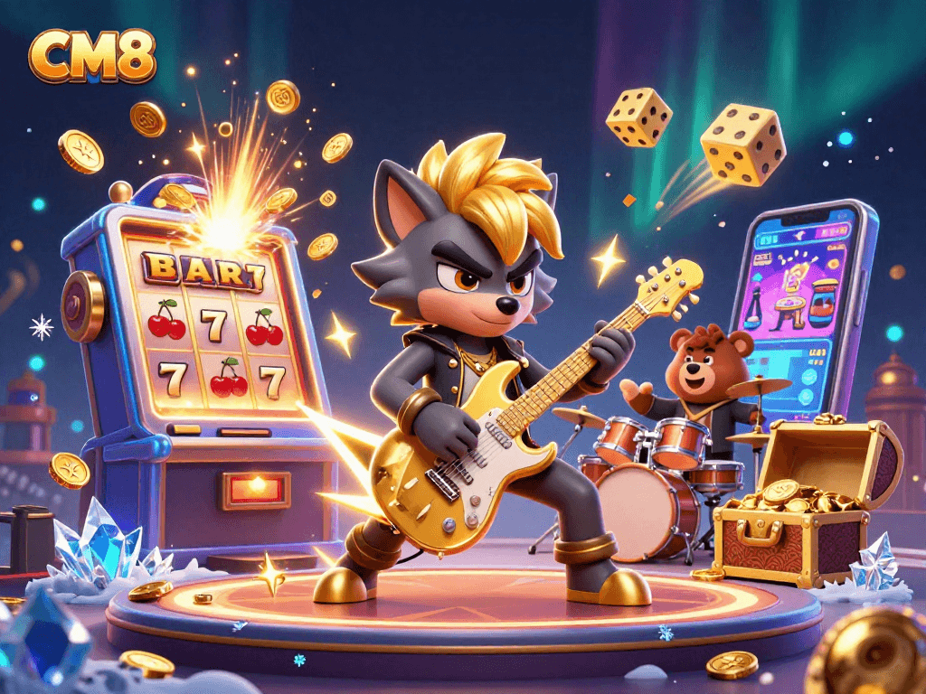 Experience excitement at CM8 with thrilling casino games, golden jackpot bursts, and festive elements.
