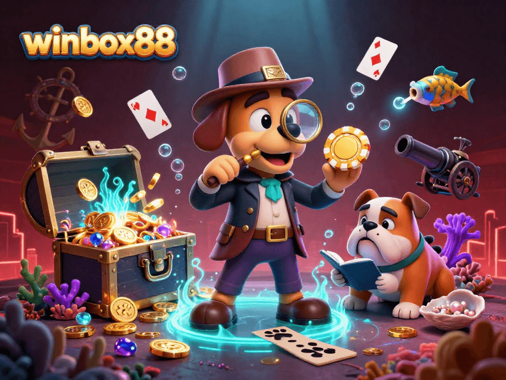 Winbox88 showcases vibrant underwater casino elements with a detective bloodhound exploring treasures.