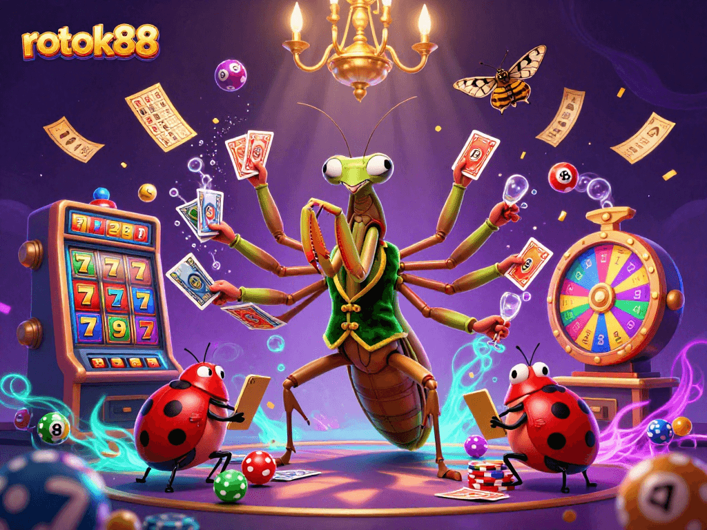 Engage in thrilling gameplay at rokok88 with vibrant slot reels and dynamic characters.