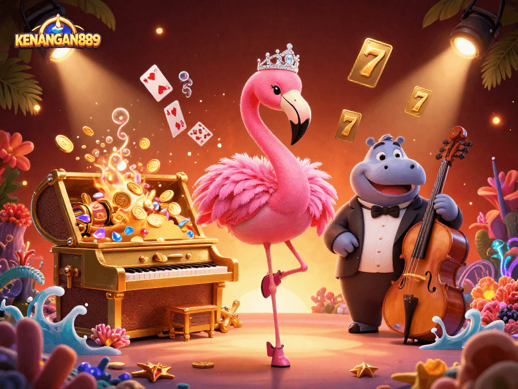 KENANGAN889 casino illustration featuring a flamingo singer and hippo bassist amidst vibrant gambling elements.