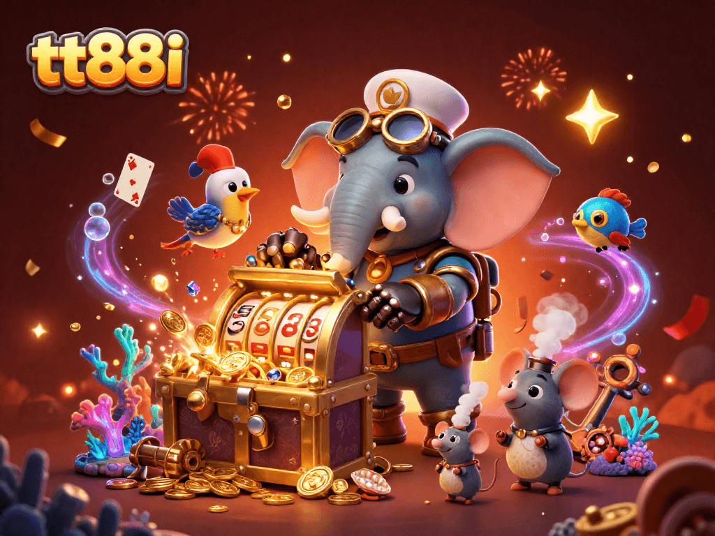 Join the thrilling gaming adventure with tt88i's steampunk engineer at a golden slot machine surrounded by treasure.