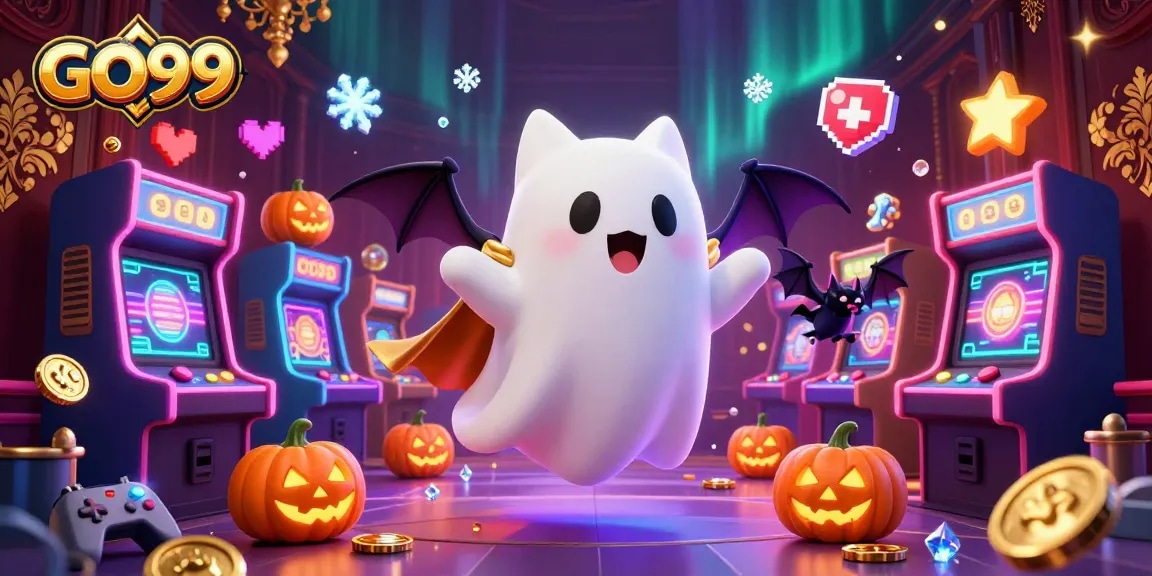 Engage in GO99 with the ghost cat in a haunted casino filled with vibrant arcade elements.