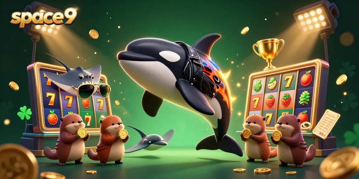 Engage with space9 casino featuring a playful orca, stingray, and otters amidst lively gaming elements.