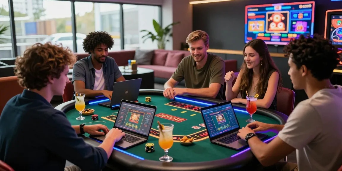 Engaging group playing jackpot city juegos at a virtual casino.