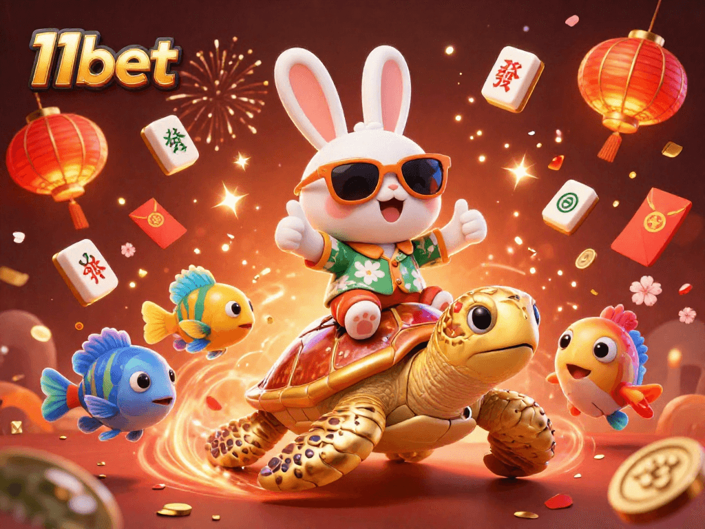Engage with 11bet's vibrant 3D illustration featuring a lucky rabbit and golden turtle, celebrating with casino elements.
