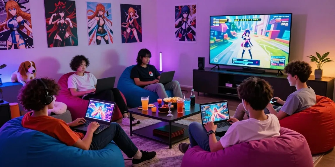 Exciting scene of gamers enjoying hentai games in a cozy living room with vibrant colors and snacks.