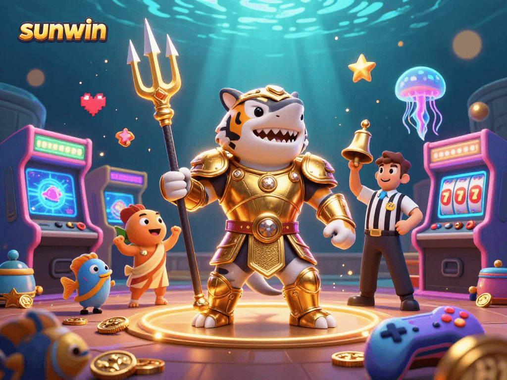 Experience the thrill of sunwin with an underwater casino adventure illustration featuring a gladiator shark.