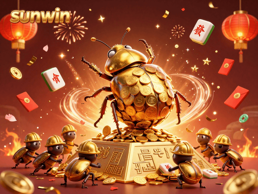 Experience the sunwin magic as cartoon beetles celebrate gold coin jackpots in a vibrant casino scene.