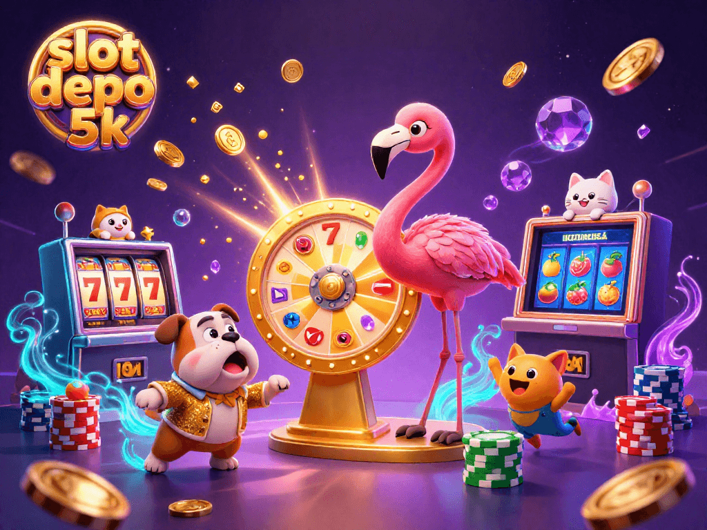 Engage with slot depo 5k through vibrant illustrations of prizes, coins, and a thrilling gaming atmosphere.