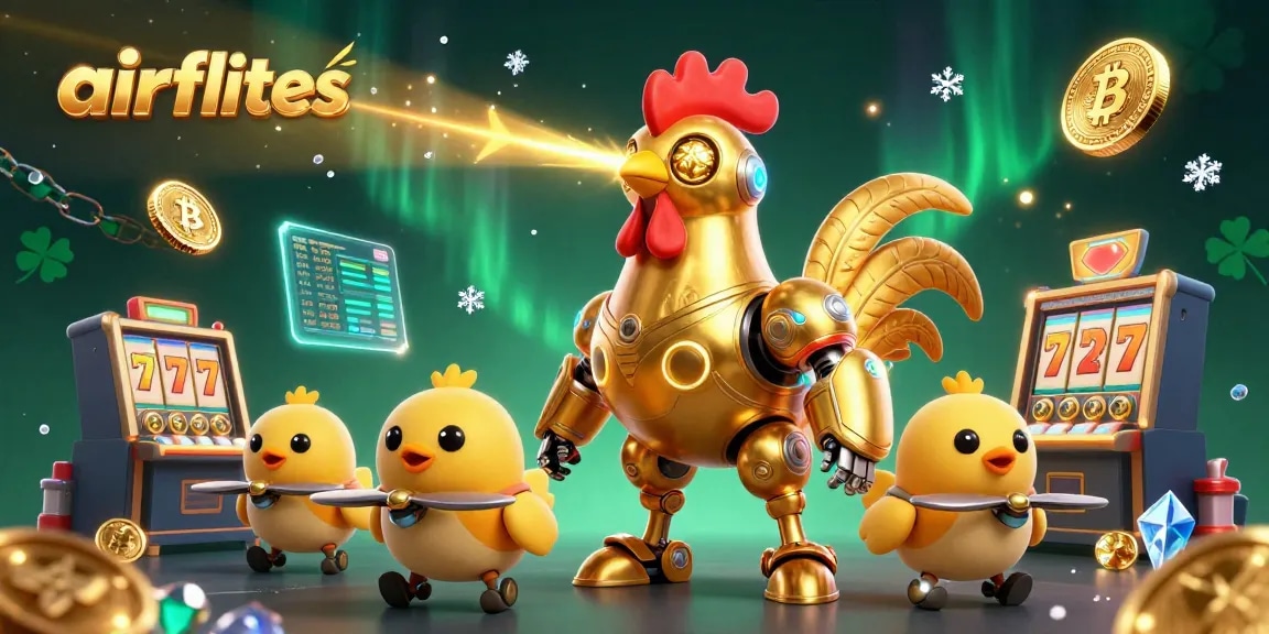 Play exciting slots at airflites with a golden rooster robot and baby chick drones in a vibrant 3D scene.