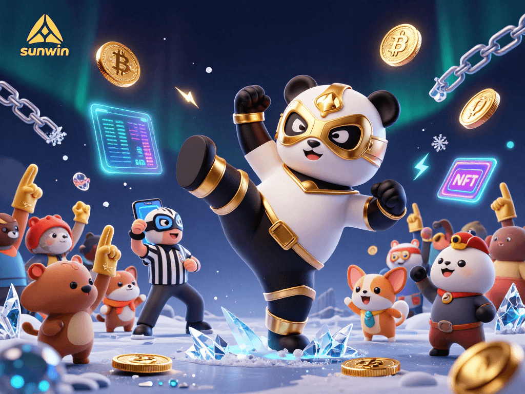 Engage with sunwin excitement as a panda wrestler kicks amid crypto coins in a vibrant casino scene.