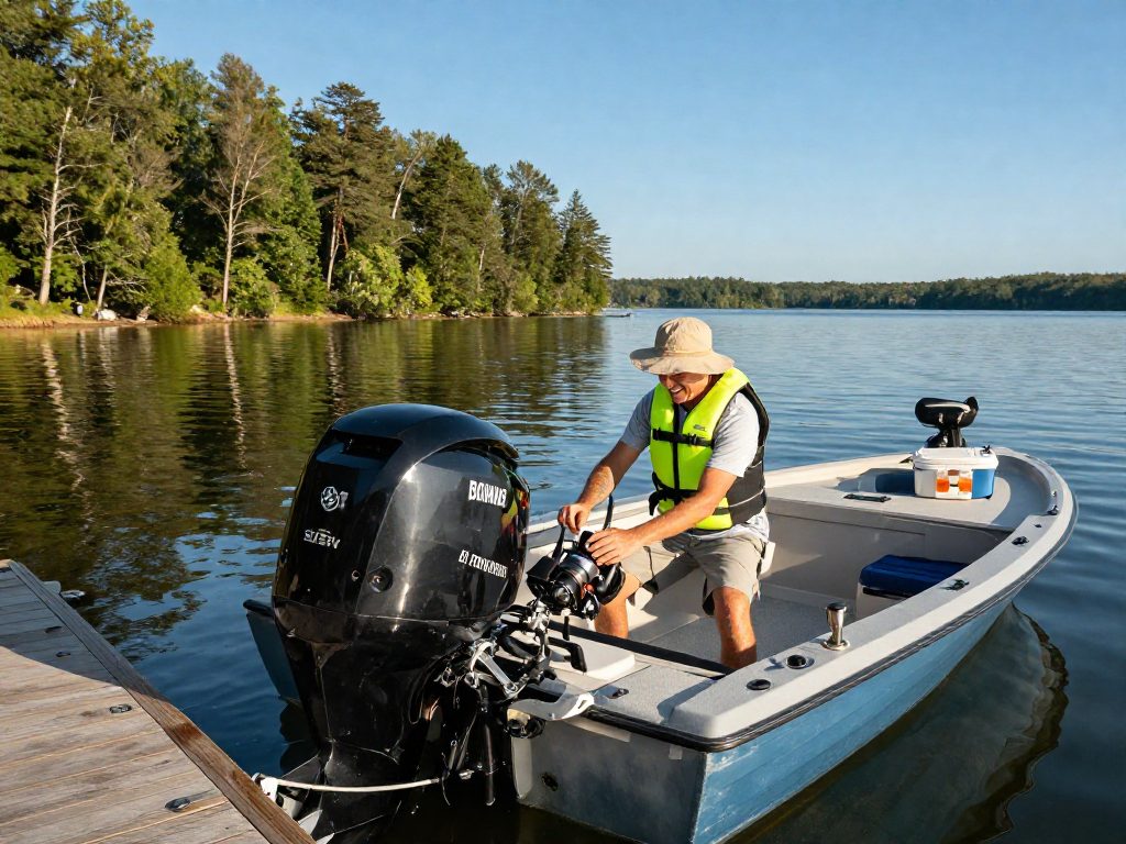 Boater inspecting Yamaha outboard engine at Outboard Engine Hub with serene lake backdrop.