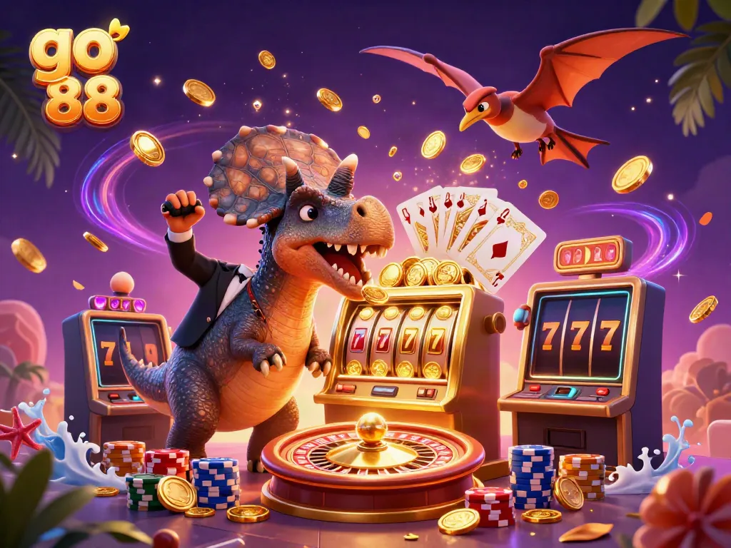 Engage in thrilling wins at go 88 with a pachycephalosaurus hitting a jackpot on a golden slot machine in this vibrant casino scene.