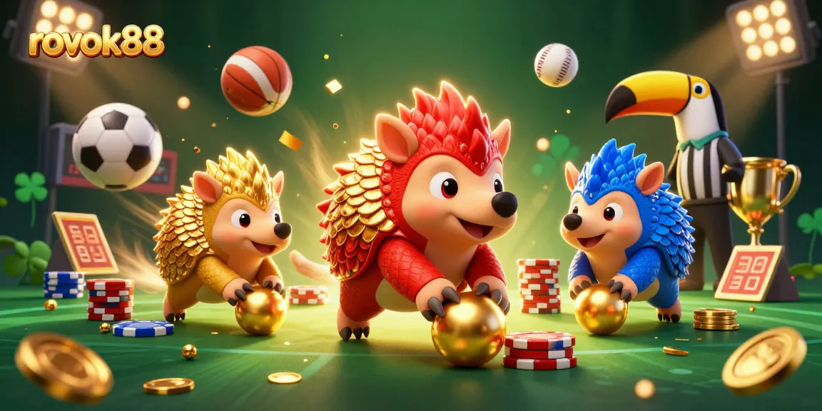 Join the excitement with rokok88 as rival pangolins bowl through poker chips in a vibrant casino scene.