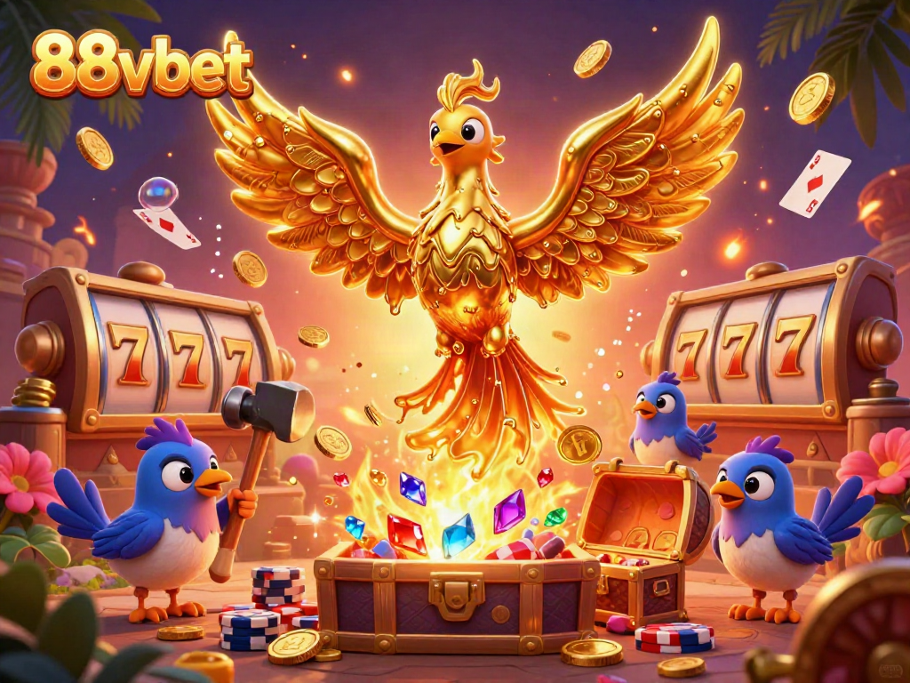 Experience the thrill of gaming with 88vbet's vibrant 3D phoenix rising amidst coins and excitement.