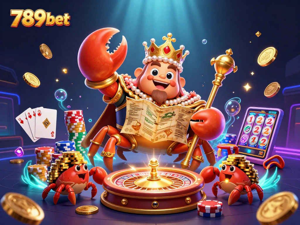 Engage with 789bet's vibrant casino world featuring a golden crab emperor and treasures.