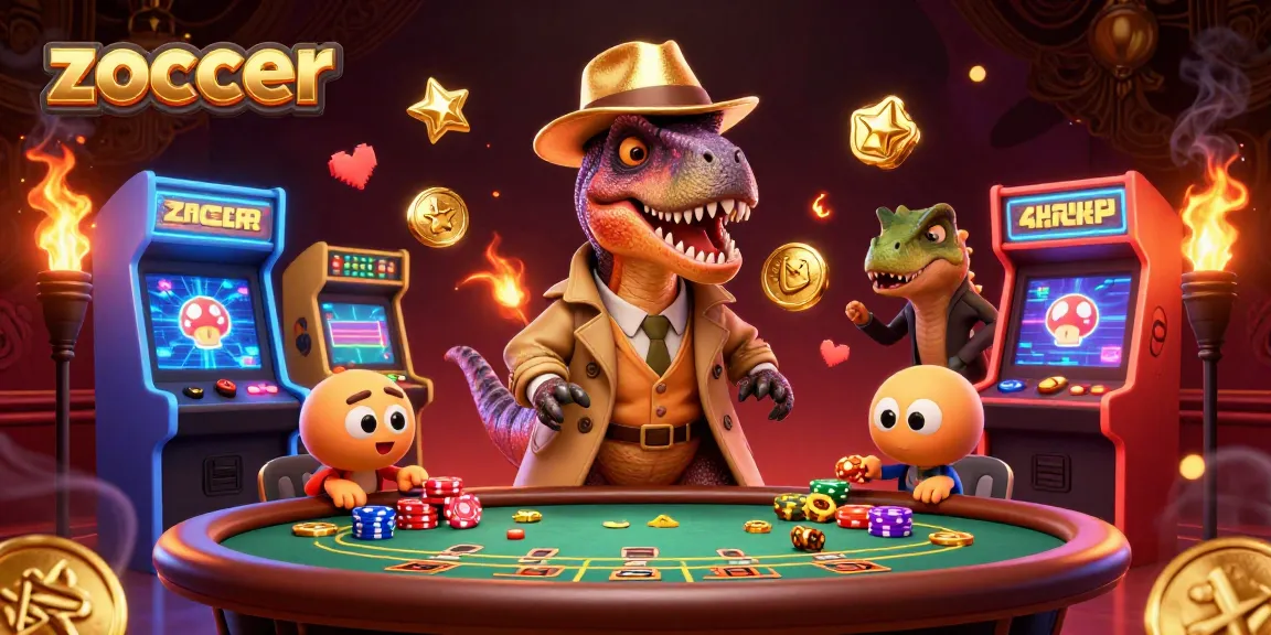 Zoccer brings thrilling casino action with a velociraptor gambler and colorful gaming elements.