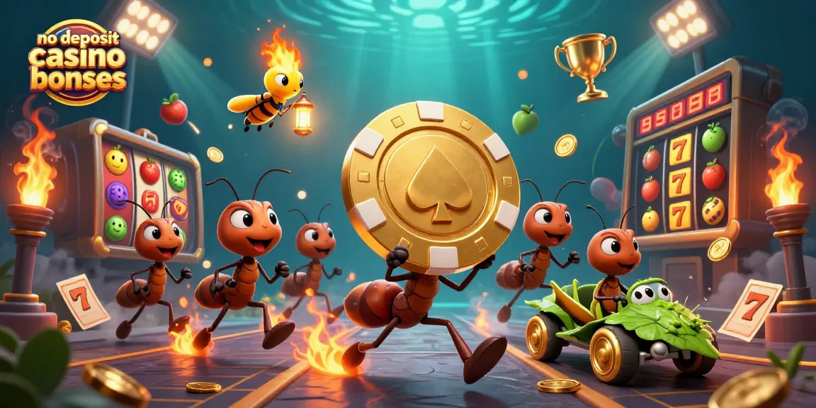 No deposit casino bonuses featured in a dynamic 3D illustration with ants carrying poker chips and vibrant casino elements.