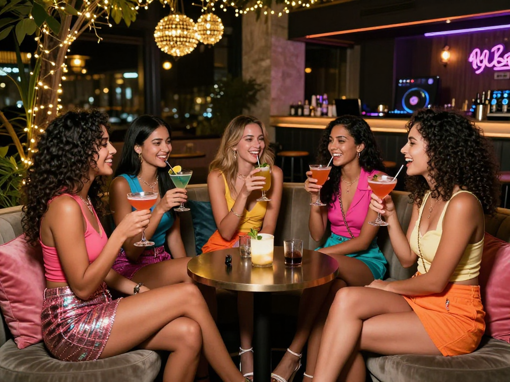 Gái gọi đang tận hưởng buổi tối vui vẻ tại quán bar hiện đại, tạo cảm giác sống động và ấm áp.