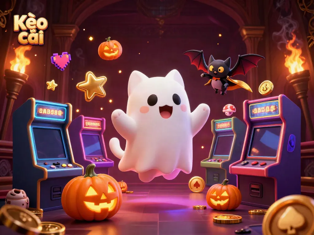 Engage with Kèo nhà cái through a playful ghost cat and vampire bat in a vibrant casino setting.