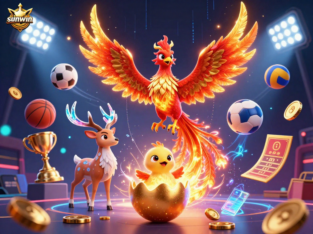 Experience the thrill of sunwin with a dynamic 3D phoenix scene showcasing exciting sports betting elements.