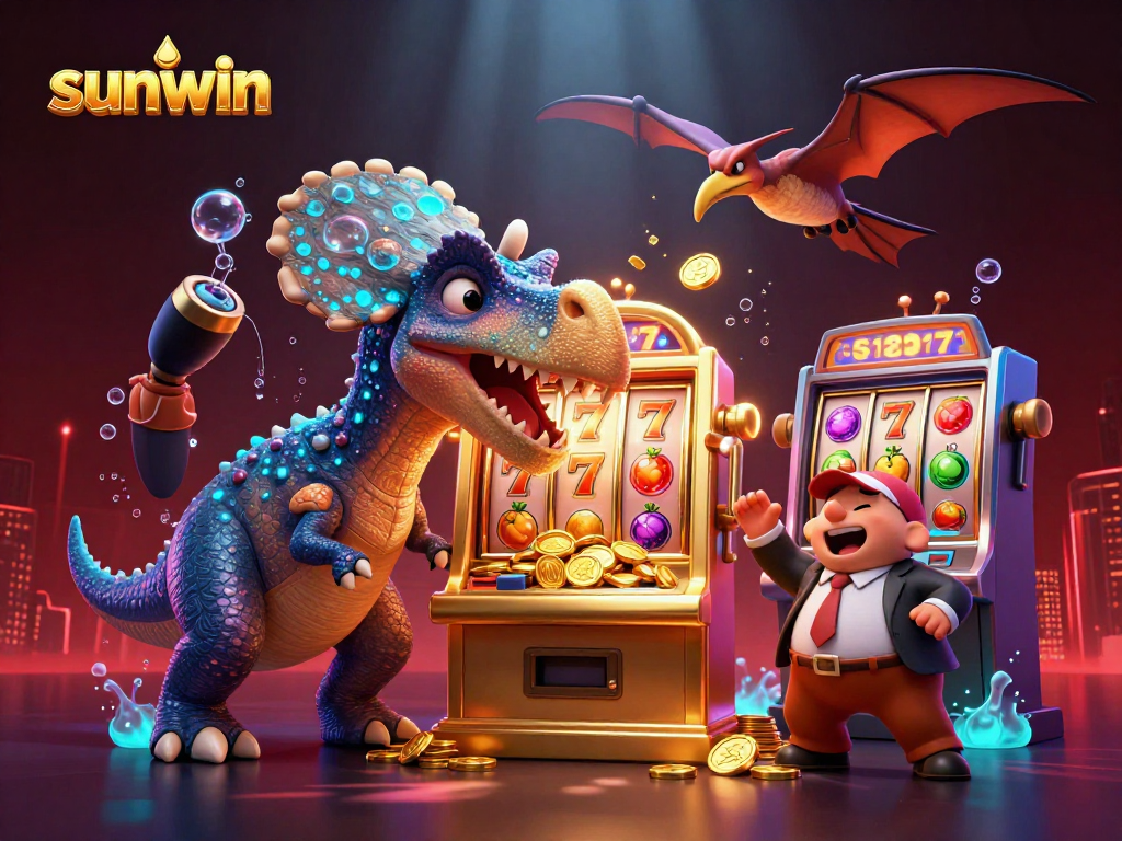 Experience sunwin excitement as a cartoon dinosaur interacts with a golden slot machine in a vibrant casino setting.